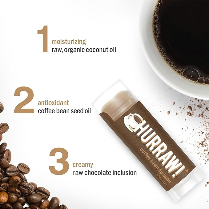 Hurraw! Coffee Bean Lip Balm, 3 Pack: Organic, Certified Vegan, Cruelty and Gluten Free. Non-GMO, 100% Natural Ingredients. Bee, Shea, Soy and Palm Free. Made in USA