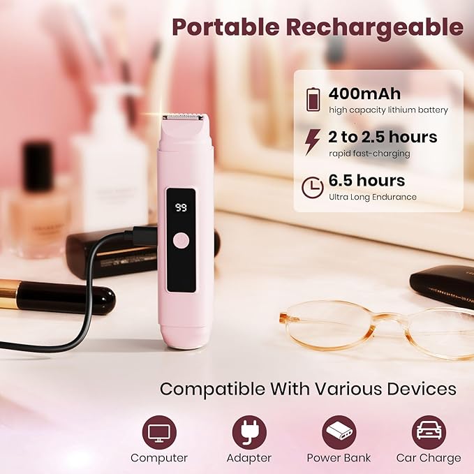 Bikini Trimmer for Women,IPX7 Waterproof Painless Electric Razors for Trip,Portable&Easy Cleaning Lady Underarm Pubic Leg Arm Body Face,Electric Shaver for Travel&Shower Use,Gifts for Women,Pink