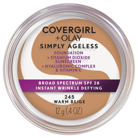 COVERGIRL Simply Ageless Instant Wrinkle Defying Foundation, SPF 28, Hyaluronic Complex & Vitamin C - 245 Warm Beige, Pack of 1