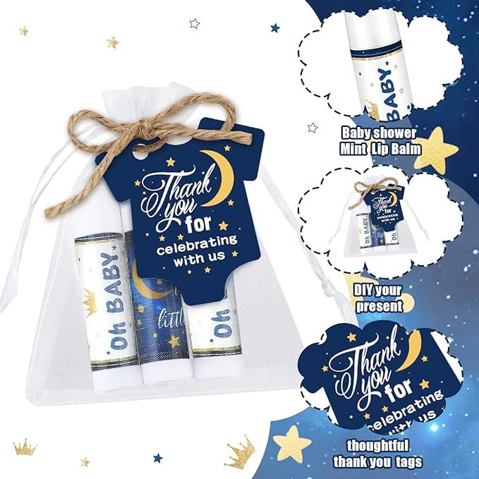 Demissle 50 Pcs Baby Shower Lip Balm Gift Set with 100 Pcs Organza Bags Baby Shower Party Favor for Guest Thank You Tag Rope Baby Shower Party Decoration Gender Reveal Souvenirs(Night)