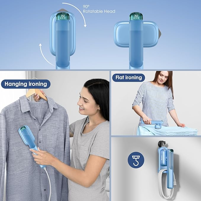 FEPPO Travel Steamer for Clothes, 110-240V Dual Voltage Portable Mini Steamer & Iron 2in1, 1100W Powerful Garment Steamer, Fast Heat Up, Travel Size, HD Display, for Home & Global & Europe Travel