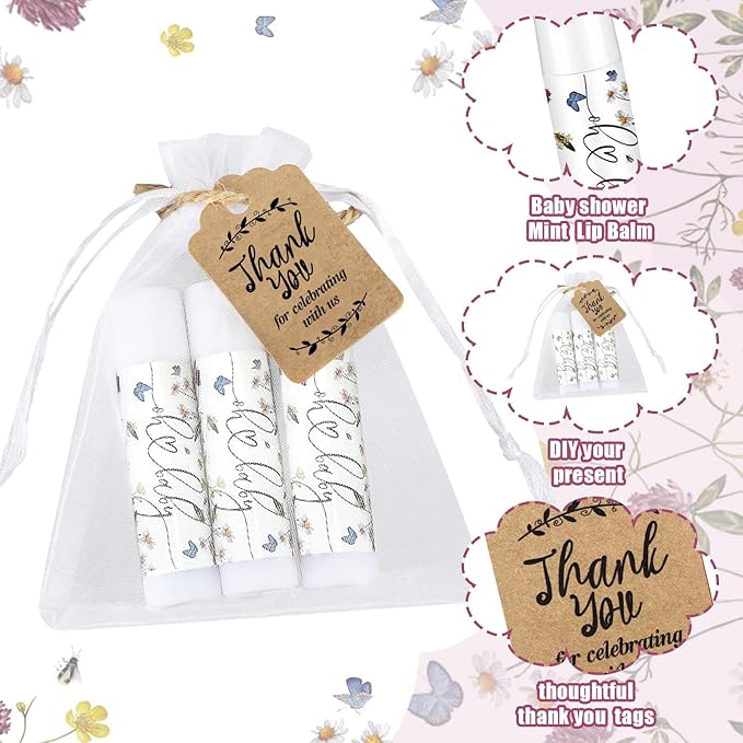 Demissle 50 Pcs Baby Shower Lip Balm Gift Set with 100 Pcs Organza Bags Baby Shower Party Favor for Guest Thank You Tag Rope Baby Shower Party Decoration Gender Reveal Souvenirs(Purple Flower)