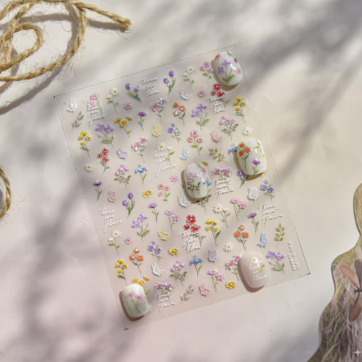 Flowers Nail Art Stickers for Acrylic Nails Colorful Flower Nail Decals 5D Embossed Self Adhesive Daisy Nail Sticker with Butterfly Designs Nail Stickers Spring Cute Floral Nail Decal for Women