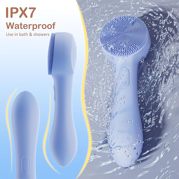 Facial Cleansing Brush Silicone Face Scrubber Waterproof Rechargeable Exfoliator Massage Device for Men & Women, Deep Pore Cleansing, Exfoliating, Removing Blackhead Electric Face Scrub Brush (Blue)