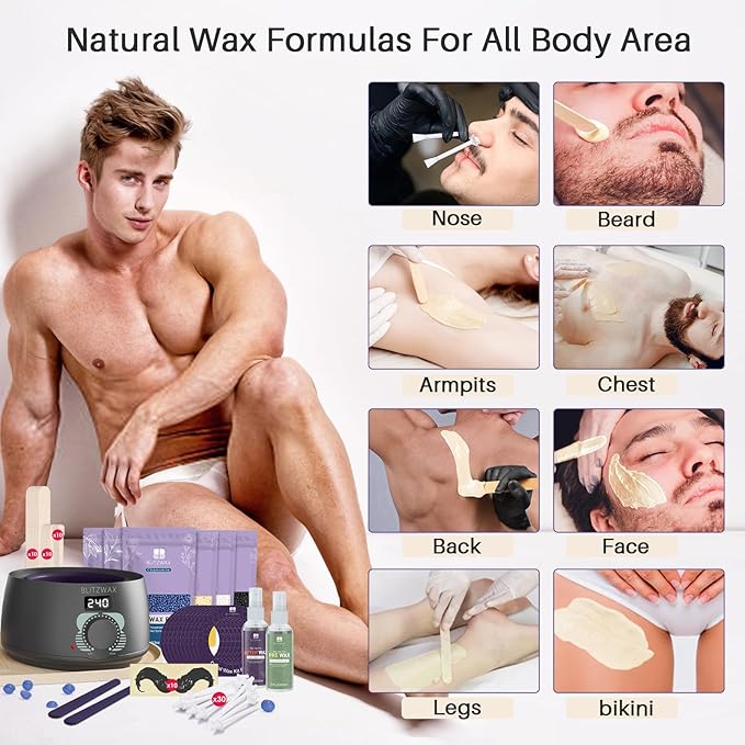 BLITZWAX Back and Nose Waxing Kit for Men, Hard Wax Warmer for Brazilian, Body and Face, At Home Hair Removal Kit, Beginner Friendly, Quick Heating, 93 Accessories, Charcoal Grey