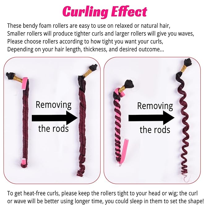 30PCS 9.45" Heatless Flexible Curling Rod, Skinny Small Flexi Rod Soft Twist Foam Hair Rollers for Tight Curl Women Girl Home Use Long and Short Hair (0.31 x 9.45 Inch, Pink#)