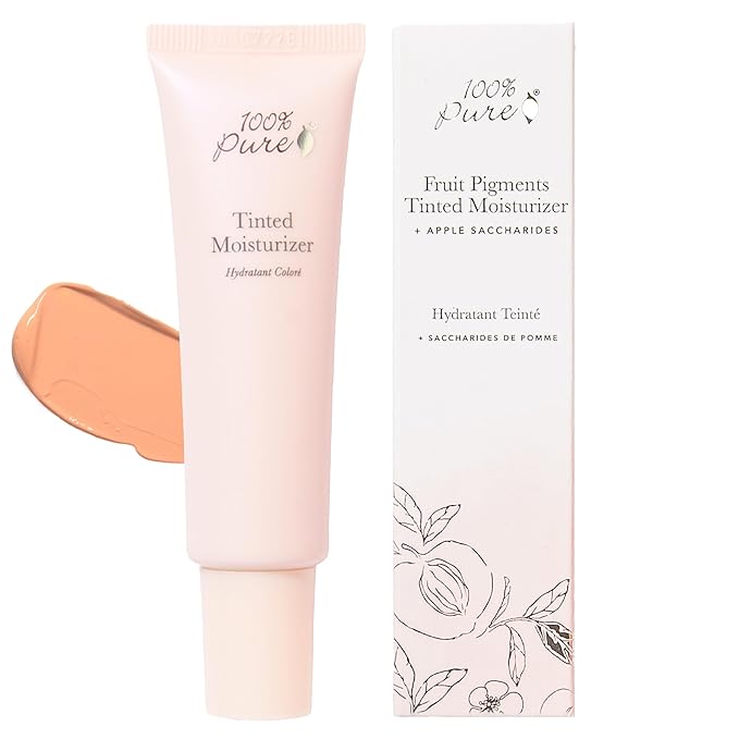 100% PURE Tinted Moisturizer Anti-Aging Face Makeup - Fruit Pigmented Golden Peach Light to Medium Coverage & Dewy Glow - Lightweight Foundation Medium-Tan Skin w/Yellow Undertone - Vegan - 1 Fl Oz