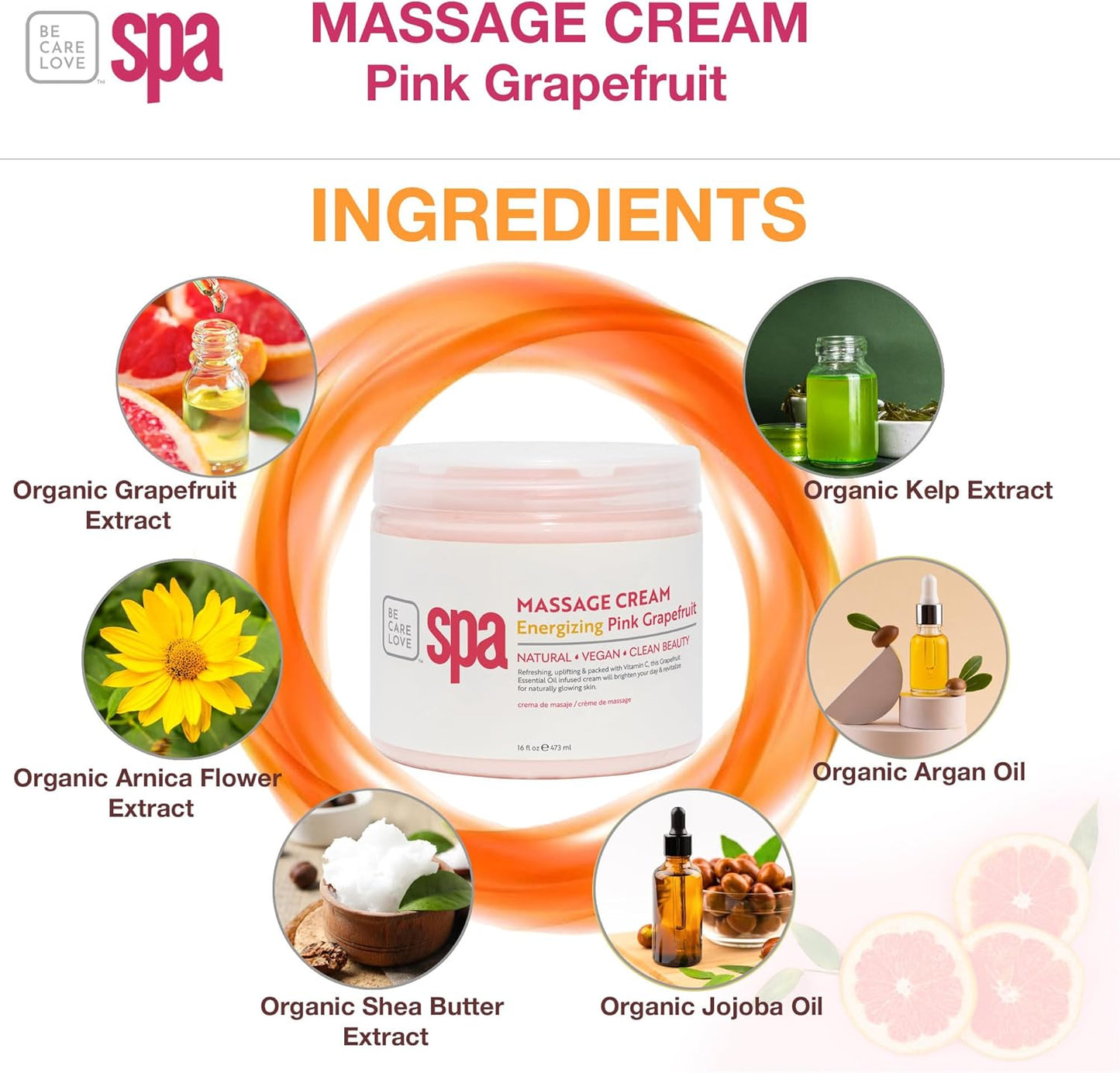 BCL SPA Massage Cream - Body Lotion & Body Cream with Organic Pink Grapefruit, Shea Butter, Aloe Vera, Vitamin E, Argan, and Almond Oils - Nourish & Revitalize skin. Home/Professional use 16 fl oz