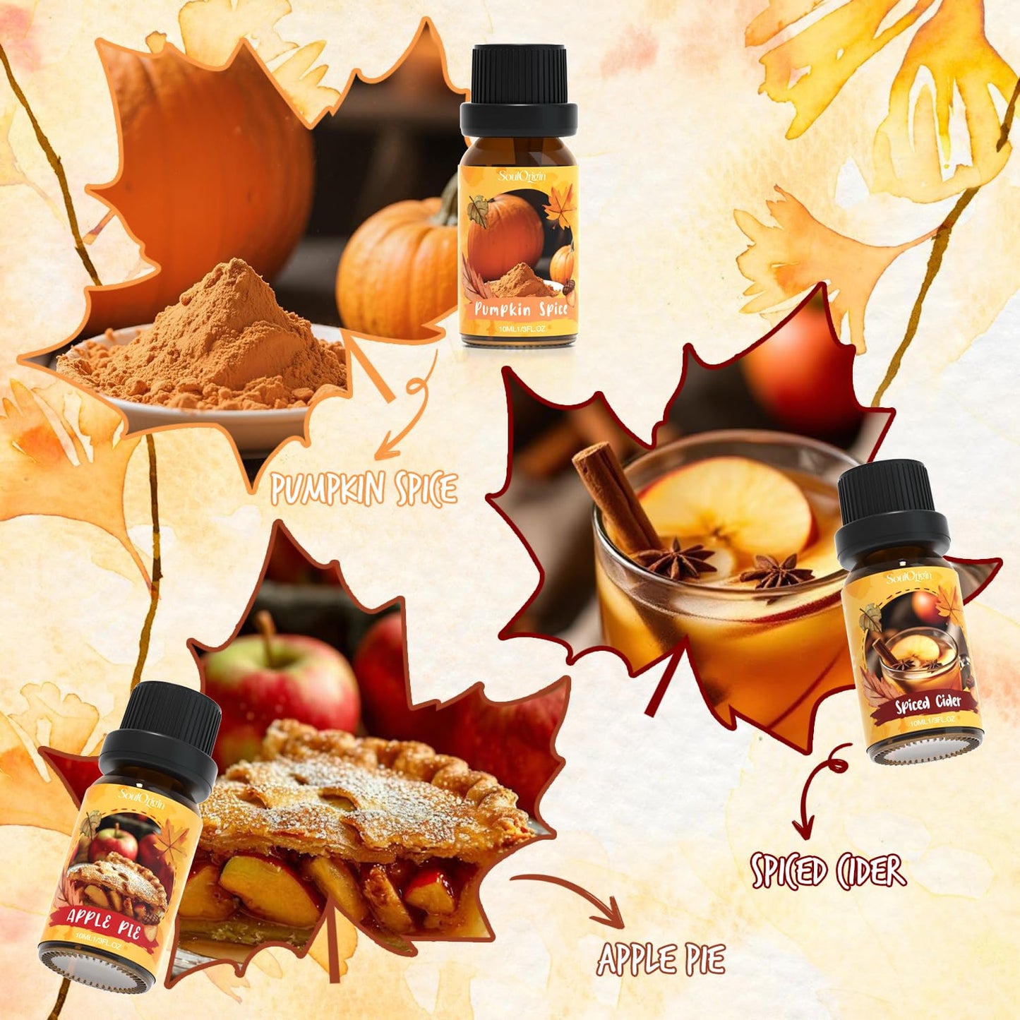 Autumn Fragrance Oils Set, Essential Oil for Diffuser, Fall Scent Diffuser Oil, Use for Soap Candle Making,Pumpkin Spice, Spiced Cider, Maple Syrup, Autumn Harvest, Cinnamon, and Apple Pie