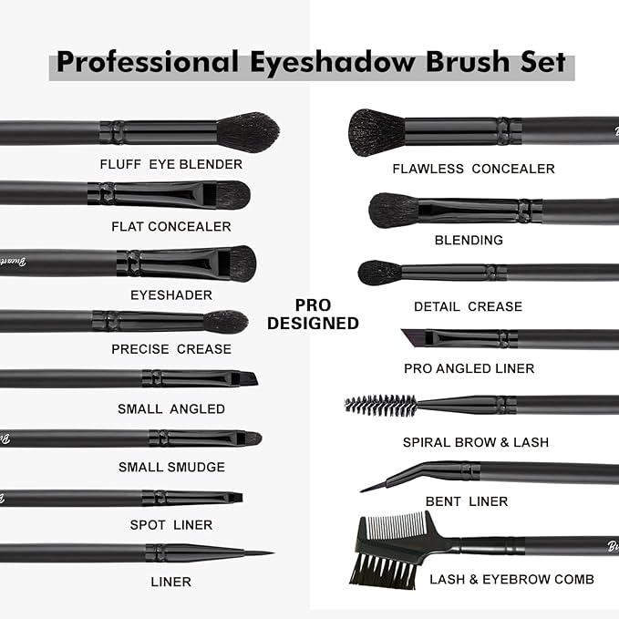Bueart Design 15Pcs Professional Eyeshadow Brush Set For Eye makeup Blending,Brow grooming,Concealing,eyeshader, With premium ultra soft synthetic vegan Hair