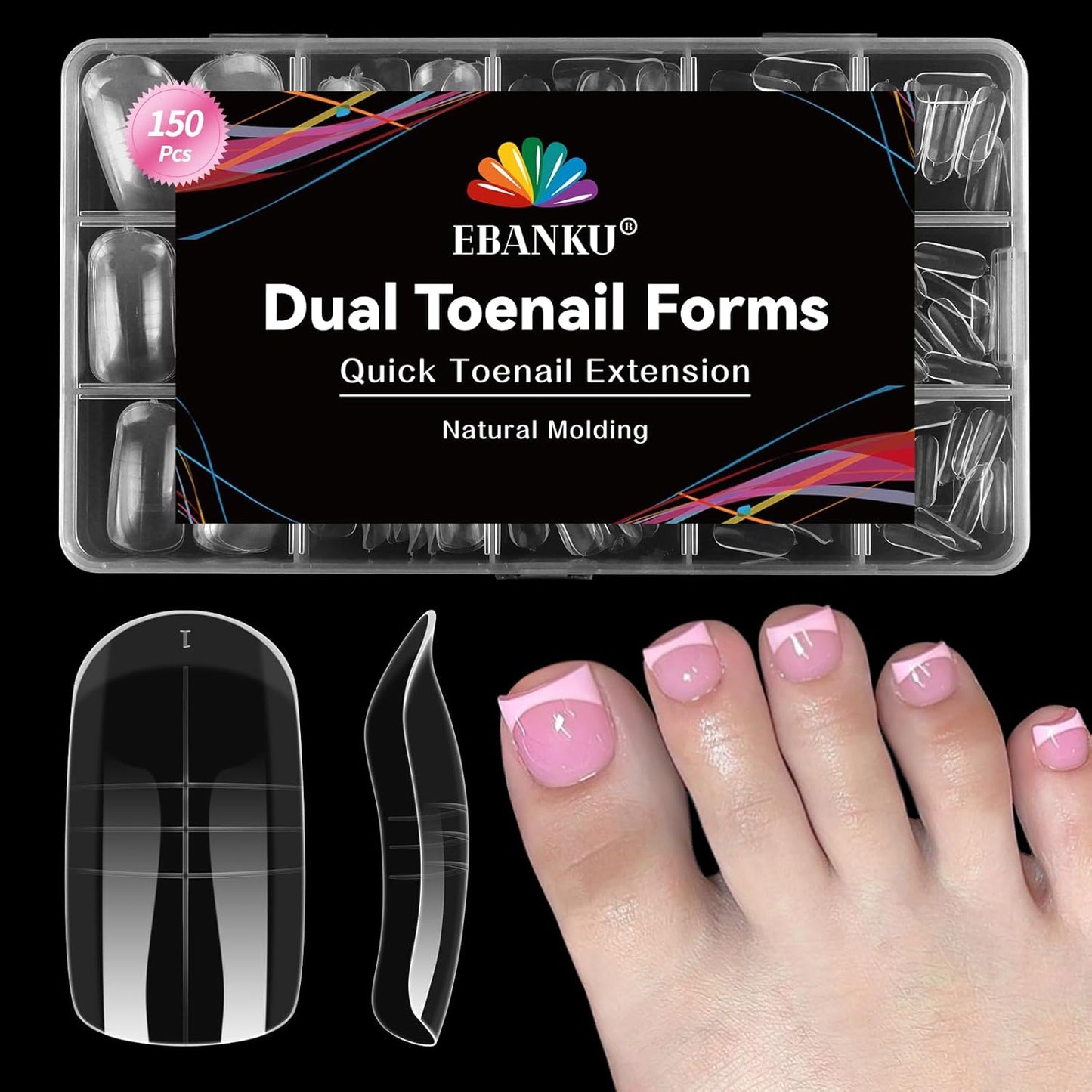 EBANKU Toe Dual Forms for Poly Gel, 150PCS French Nail Forms for Toes, Clear Poly Gel Toenails Molds for DIY Pedi Toenail Extension Kit for Salon-Quality Manicures at Home, 15 Sizes