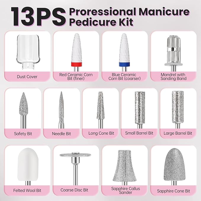 Electric Nail Drill, Cordless 2000 mAh Rechargeable Portable Nail File 12 in 1 Kit for Thick Toenails, 10 Speeds Nail Dril Machine Professional Manicure Pedicure for Hand Natural Nails Care (Pink)