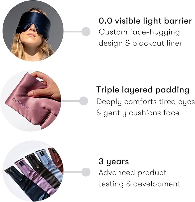 DROWSY Silk Sleep Mask. Face-Hugging, Padded Silk Cocoon for Luxury Sleep in Total Darkness. (Blue Belle)