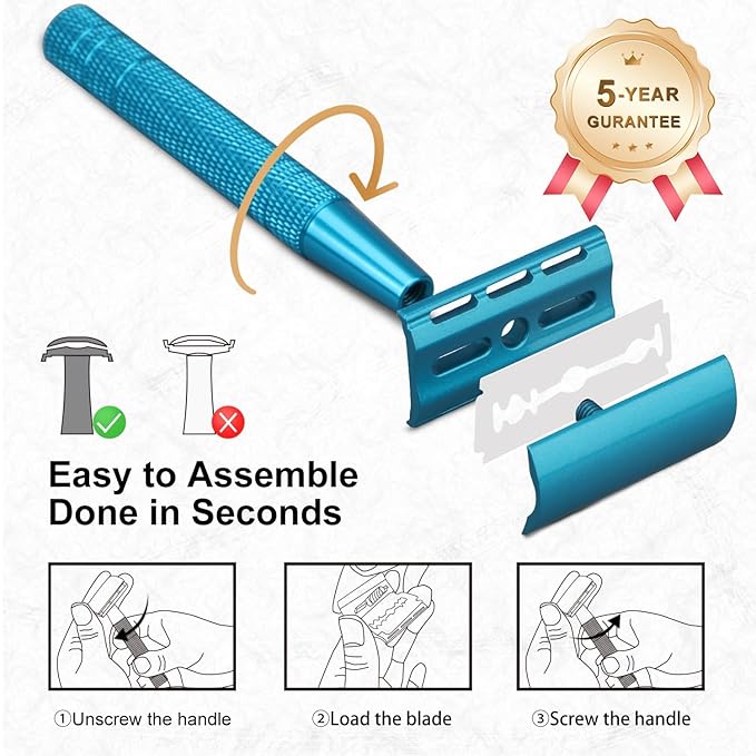 Double Edge Safety Razor, Single Blade Razors for Men and Women, with 10 Stainless Steel Safety Razor Blades, Smooth and Close Wet Shaving, Plastic Free, Blue