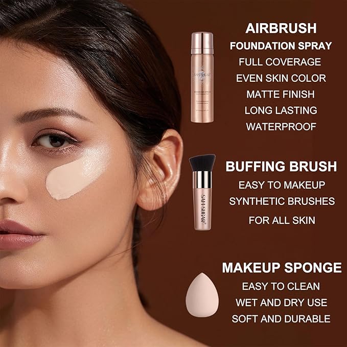 AirBrush Foundation Spray Set, Spray Foundation Makeup and Hydrating Face Primer Kit, Longwear Waterproof Liquid Matte Foundation Mist for Flawless Look, Brush and Sponge Include (#2 Natural)