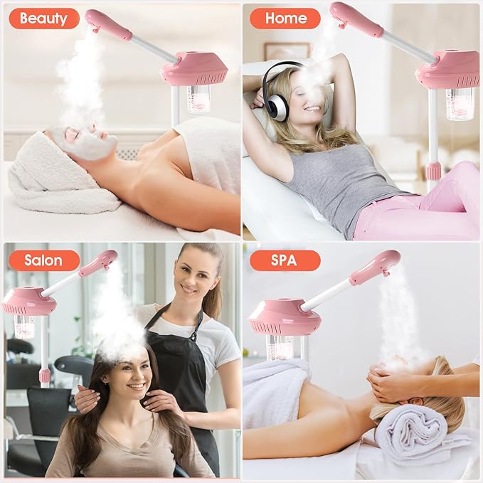 Face Steamer on Wheel Professional Ozone Face Steamer for Deep Facial Cleansing Pink