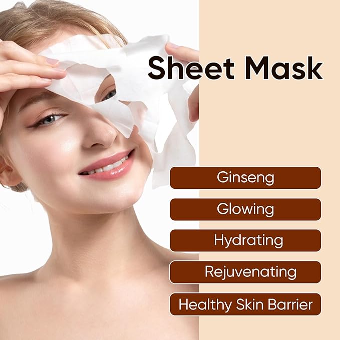 10Pack Sheet Face Masks Skincare for All Skin Types, Moisturizing Hydrating Face Masks Suitable for Sensitive Skin, Red Ginseng Face Masks for Wrinkles, Fine-Lines, Firmness and Elasticity