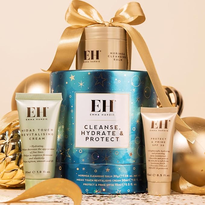Emma Hardie Cleanse, Hydrate & Protect Gift Set: 30ml Moringa Cleansing Balm, 30ml Midas Touch Revitalising Cream & 15ml Protect & Prime SPF30 Sunscreen Face Moisturiser, Natural & Cruelty Free