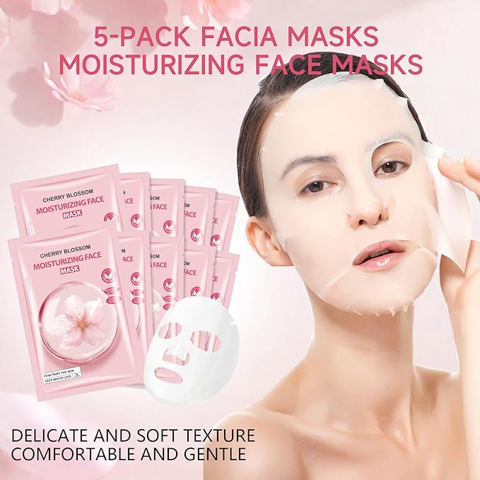 5 Pack Sheets Face Masks Skincare For All Skin Types, Cherry Facial Sheet Masks, Hydrating Facial Sheets Mask for Firming, Sheet Mask with Cherry Blossom Face Mask for Glowing Skin
