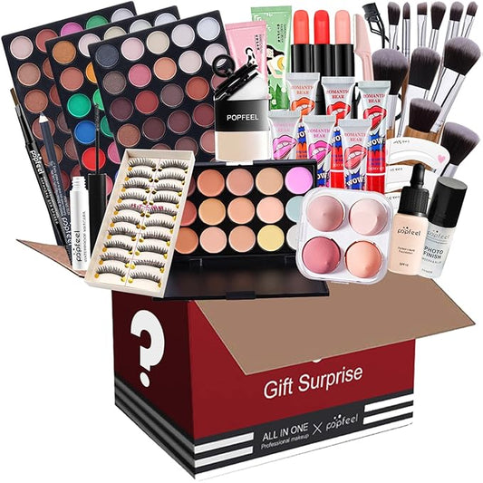 All in One Makeup Set Holiday Box, Essential Starter Bundle Include Eyeshadow Concealer Lipstick Lip Gloss Eyeliner Eyebrow Pencil Lip Balm Face Powder, Full Makeup Kit for Women Girls