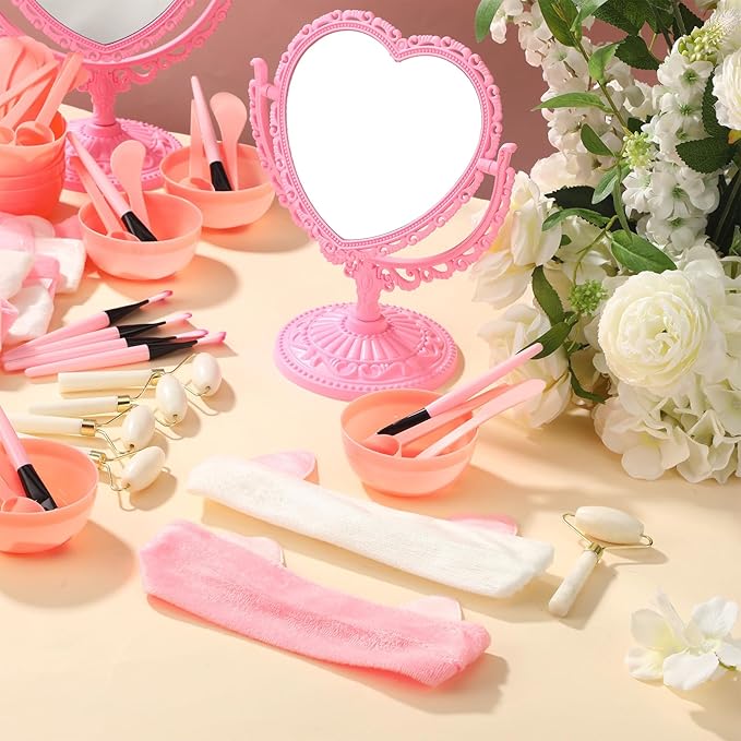 8 Set Spa Party Supplies for Girls Including 8 Heart Shaped Stand Mirrors 8 Jade Roller for Face 8 Face Brushes Kit 8 Face Mask Mixing Bowl 8 Headband for Sleepover Birthday Party Favors