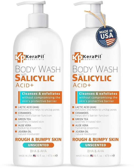 Salicylic Acid Body Wash - Skin Non-drying, Gentle Exfoliates Rough and Bumpy Skin, Body Acne Wash, BHA & AHA - Unscented Exfoliating Body Wash, Made in USA - (16 fl oz x 2)