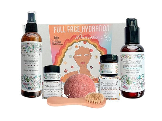 Facial Skincare Kit, Natural Skin Care Gift Set, Facial Cleanser, Vitamin C Cream, Rose Eye Cream, Lavender Mist, Dry Brush for Face, Facial Giftset for Women, Birthday Gifts for Women