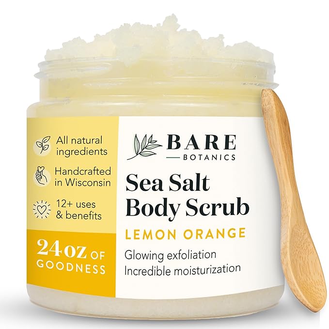 Bare Botanics Lemon Orange Body Scrub 24oz | Made in Madison, WI | All Natural Sea Salt Exfoliator w/ Skin Loving Moisturizers | Vegan & Cruelty Free | Gift Ready Packaging w/ a Cute Wooden Spoon