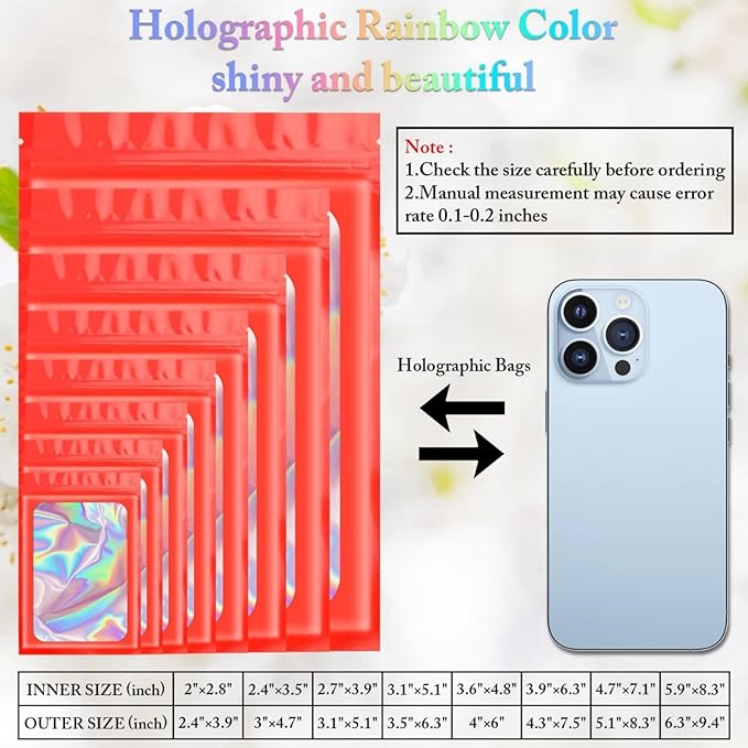 100 Pieces Smell Proof Mylar Resealable Bags, Holographic Packaging Bags, Resealable Odor Foil Pouch Zip Bag with Clear Window for Food Storage and Lipgloss, Jewelry Lash (Red, 3.5 x 6.3 Inch)