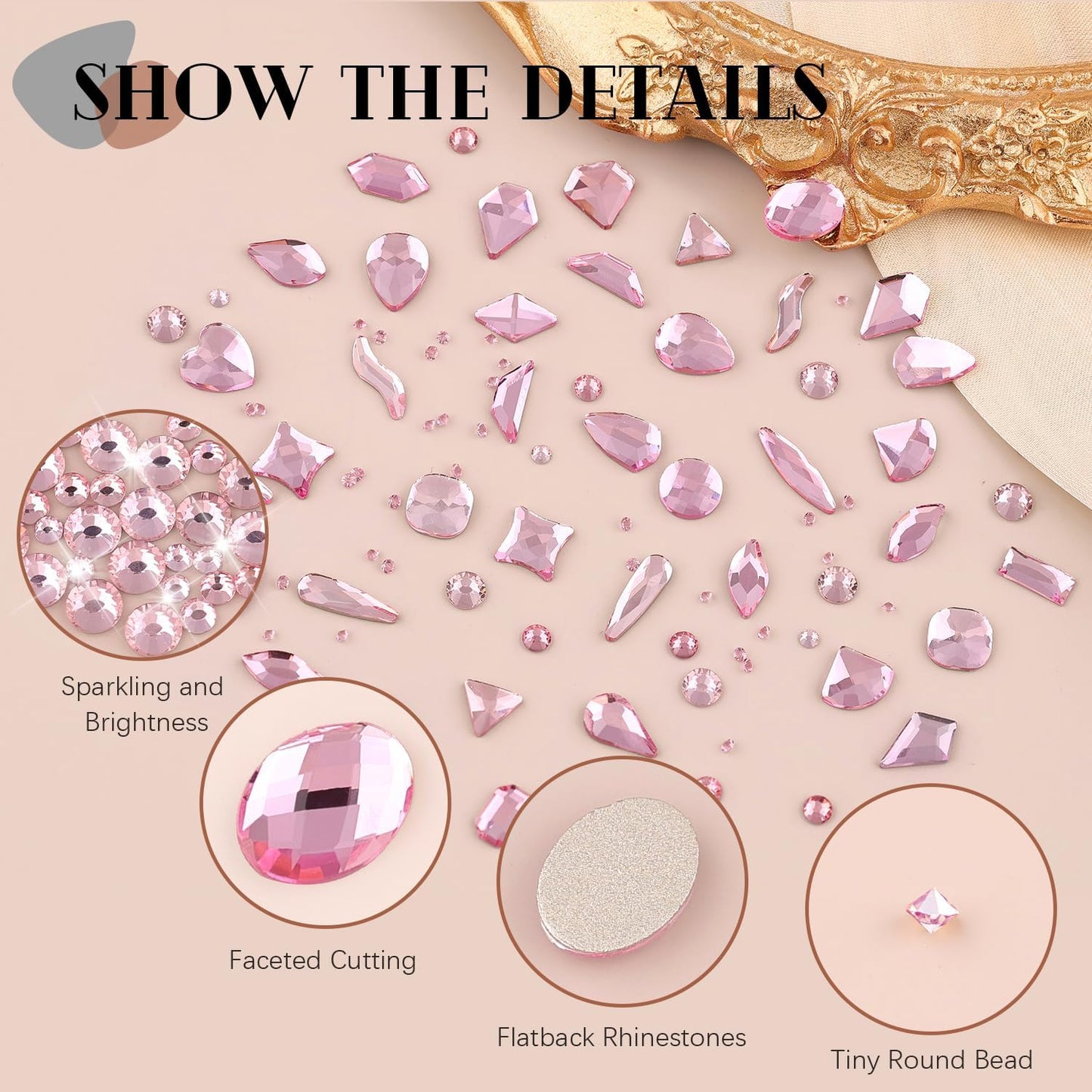 2750Pcs Pink Glass Nail Rhinestones 240Pcs Multi Shapes Flatback Nail Gems + 2510Pcs 1.5-4mm Round Crystal, Manicure Nail Charms Diamond Gemstones for Acrylic Nails Decoration
