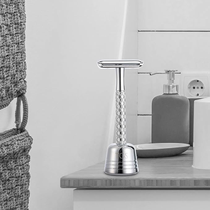 Double Edge Safety Razor for Men with Stand and Silicone Cover - Durable Metal Eco-Friendly Single Blade Safety Razor with 10 Blades- Closed Smooth Shave (Silver)