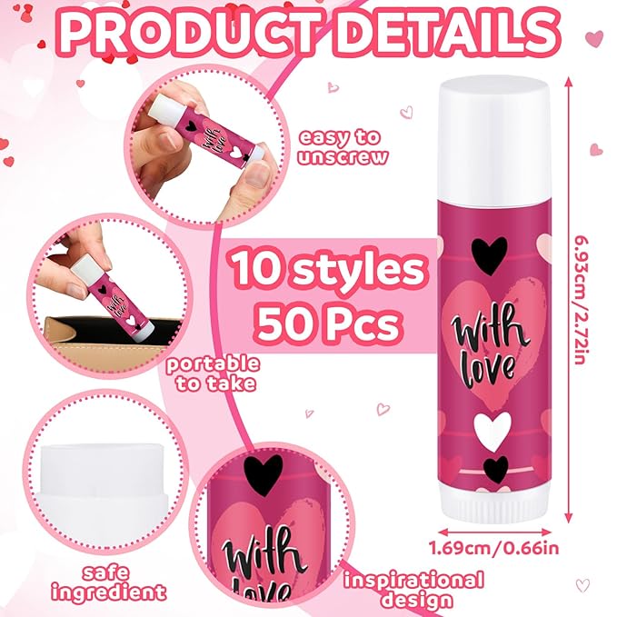 Dunzy 50 Pcs Thank You Gift Lip Balm Bulk Baby Shower Party Favors Bridal Shower Favor Lip Care with Assorted Fruit Flavors Thank You Lipstick for Guest Basket Gift Stuffer (Heart)