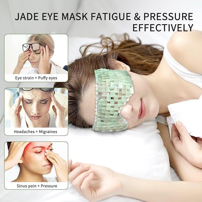Jade Eye Mask, gemshan 2 Pcs Stone Eye Mask Hot or Cold Use, Green Jade Facial Eye Sleeping Mask