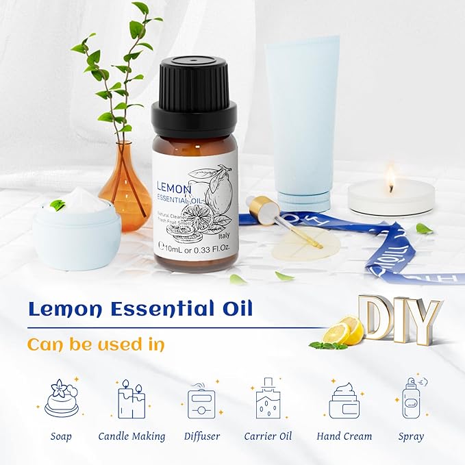 HIQILI Lemon Essential Oil, Household Cleaning, Air Purification, Skin Care, Can be Added to Cleansers, Sprays, Body Lotions Use - 0.33 Fl Oz/10ML