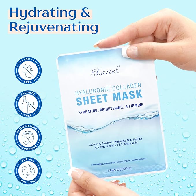 Ebanel 10 Pack Collagen Face Mask with Hyaluronic Acid, Vitamin C, Peptide, Aloe, Instant Brightening Hydrating Face Masks Skincare Korean Sheet Mask, Skin Firming, Lifting Anti Aging Facial Masks