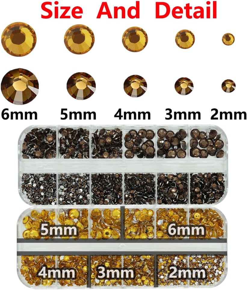 Gold and Brown Rhinestones with Glue(S8-S30) for Bedazzling, 2mm-6mm Non-Hotfix Flatback Nail Gems Beads with B7000, Resin Nail GemsStones Diamond Kit for Bedazzle Crafting, Nails DIY Art Decoration