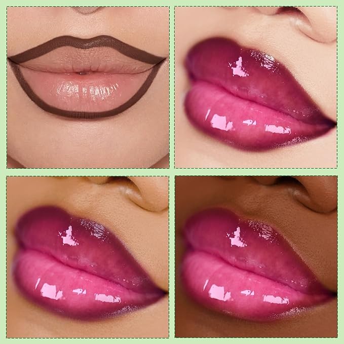 2 in 1 Solid Click Lip Gloss Pen With Brown Lip Liner Set Moisturizing Long Lasting Light Pink High Glossy Jelly Tinted Lip Balm Juicy Buildable Lip Plumper Makeup for Women