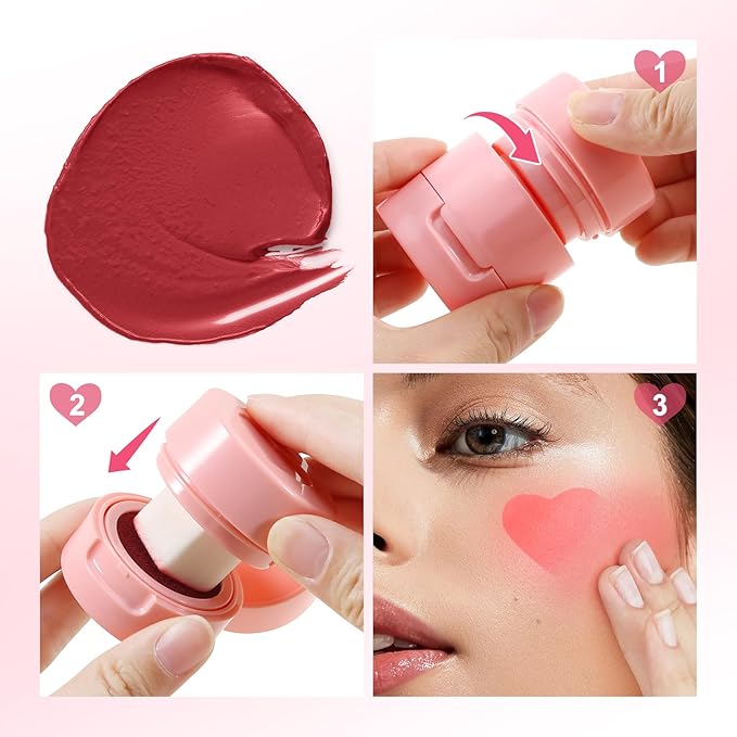 Boobeen Liquid Blush for Cheeks, Buildable & Blendable Face Blusher, Cheek Stamp Blush with Heart-shaped Applicator, Lightweight Air Cushion Blush for Velvet Matte Finish
