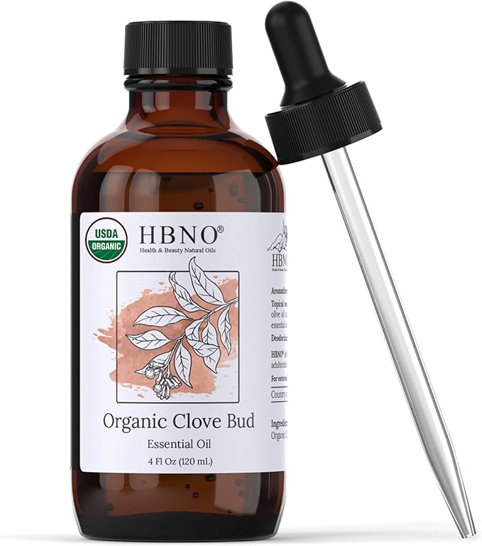 HBNO Organic Clove Bud Essential Oil - 4 oz (120ml) - USDA Certified Organic Clove Bud Essential Oil, Soap Making, DIY, Fragrances, Diffuser