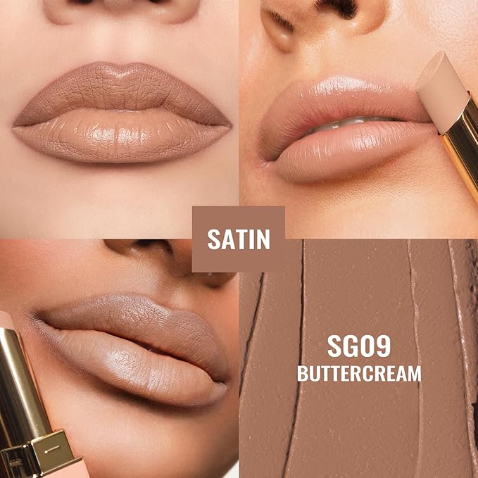 Oulac Color Rich Satin Lipstick - Nude Beige Full Coverage Lip Color, Creamy Silky-Smooth, Moisturizing, Satin Matte Finish, Infused With Shea Butter, Vegan & Clean Beauty, 4g, SG09 Buttercream