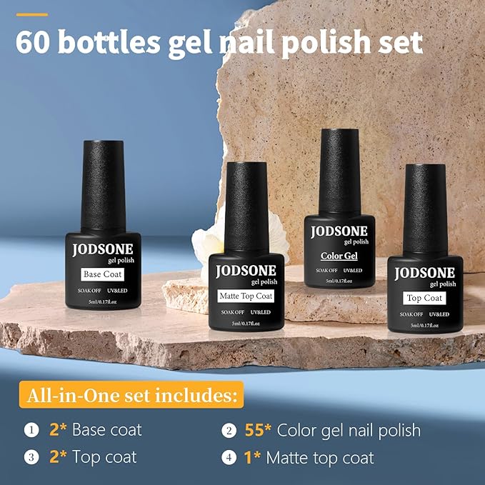 JODSONE 60 PCS Gel Nail Polish Set All Seasons No Wipe Base Coat Matte Glossy Top Coat Nail Gel Polish Kit for Starter Manicure DIY at Home Enjoy Fun