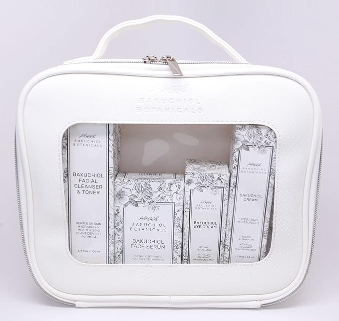 Bakuchol Botanicals Gift Set with Travel Case, Includes Face Serum, Toner & Cleanser All-in-One, Eye Cream, Moisturizer