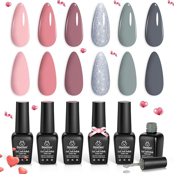 Beetles Gel Nail Polish Set 6 Colors Pink Nude Gray Glitter Gel Polish Wedding Nail Polish Bridesmaid Nail Art Design Soak Off Uv LED Lamp Needed Manicure Set Gifts for Women Bridesmaid Beauty