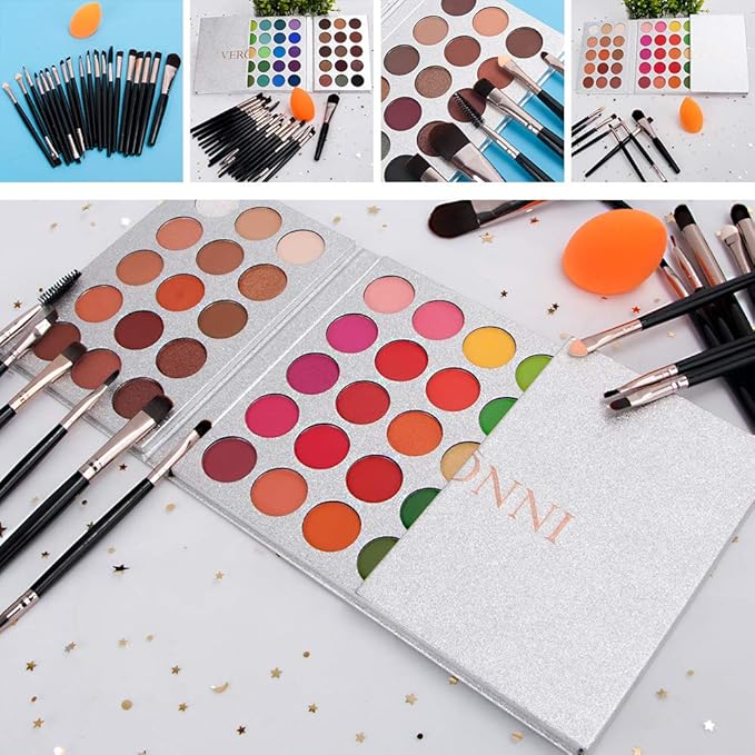 Eyeshadow Palette 65 Colors + 20pcs Makeup Brushes Set + Sponge Blender Sweatproof Pigmented Matte Shimmer Metallic Blendable Soft Pressed Powder Eye Shadow Makeup Palette