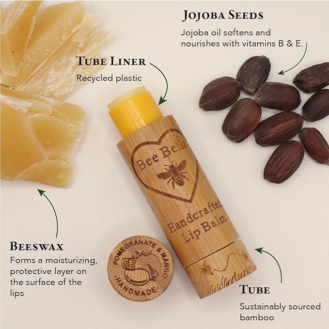 Bee Bella Lip Balm, Pomegranate Mango, 3 Pack - Moisturizing Lip Care, 100% Natural, Original Organic Beeswax with Vitamin E, Handmade in USA