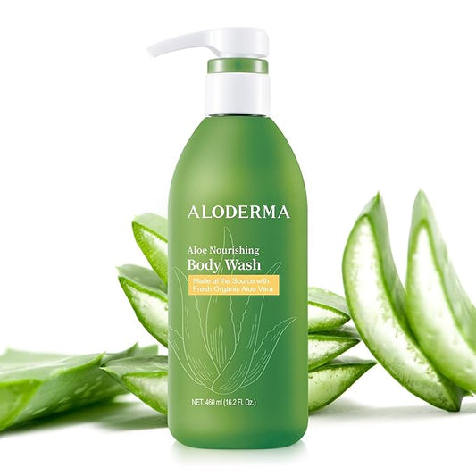 Aloderma Aloe Nourishing Body Wash Featuring Fresh, Organic Aloe for Dry, Sensitive Skin - Moisturizing Body Cleanser with Shea Butter, Allantoin - Leaves Skin Soft, Hydrate & Nourished - 16oz