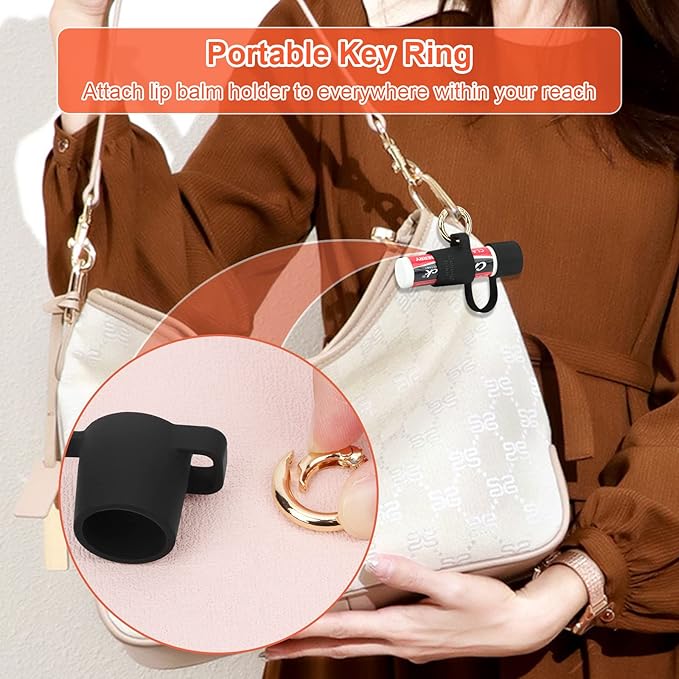 Desing Wish 2 PCS Silicone Lip Balm Holder with Cap Cover Portable Chapstick Holder Keychain Sleeve Lip Balm Key Chain with Key Ring and Wrist Strap Lanyard - Black