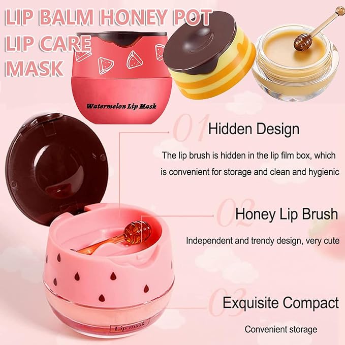 Bee Lip Balm Honey Pot,1Pcs Watermelon Lip Balm Moisturizing Lip Sleeping Mask Hydrating Prevention Dry & Cracked Lip Exfoliator Lip Wrinkle Lip Care Lip Mask Overnight Reduces Lip Line (Watermelon)