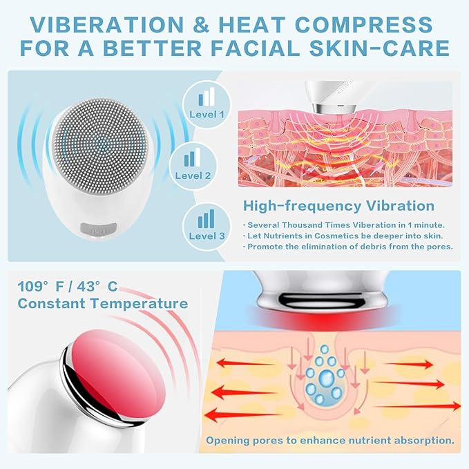 Facial Cleansing Brush, 2 in 1 Vibration & Heating Face Scrubber for Cleansing & Exfoliating Waterproof, Suitable for Sensitive & Acne-Prone Skin, 5 Speed for Deep Facial Cleansing