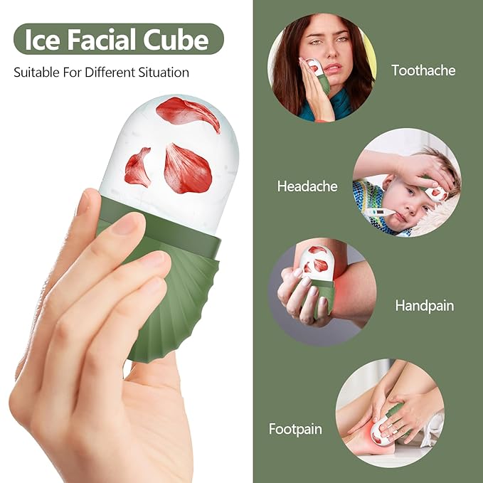 Ice Roller for Face and Eye, Silicone Ice Facial Roller Ice Holder, Face Ice Mold Skin Care, Face Icers Reusable Ice Cube Roller for Shrink Pores Anti Wrinkle Reduce Puffiness, Green